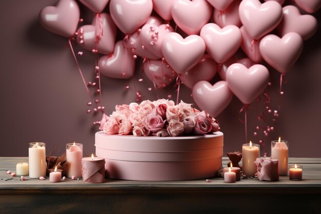 podio rosa en valentines fondo con decoraciones