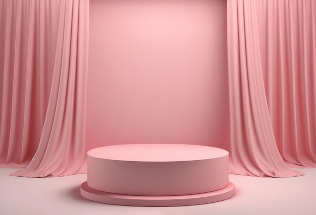 Pódio rosa vazio com cortinas para exibição de produtos