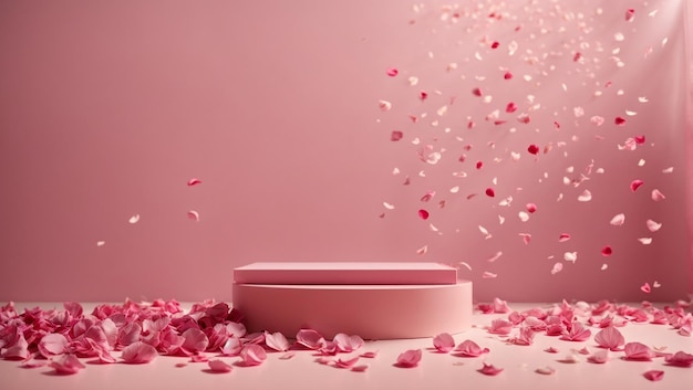 Podio rosado con pétalos de rosa cayendo sobre un fondo rosado Foto de alta calidad