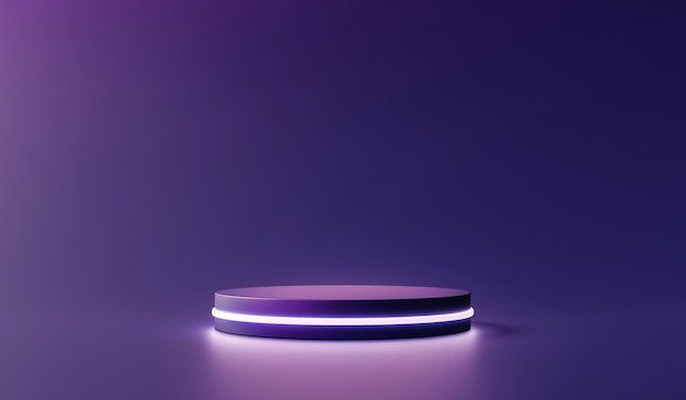 Pódio roxo com suporte de tecnologia de pedestal de luzes neon, suporte de fundo, renderização em 3d