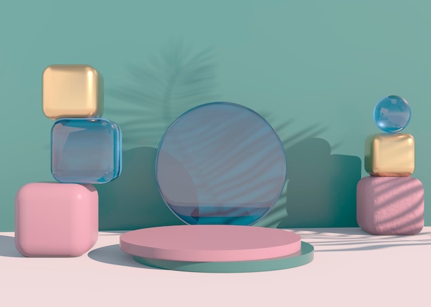 Podio con sombras de hojas de palma para la presentación del producto cosmético Fondo de pedestal de escaparate vacío maqueta 3d render