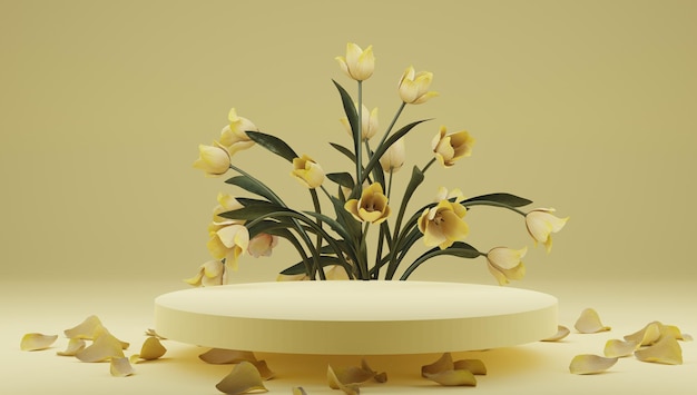 Podio, stand, escaparate sobre luz pastel, fondo y flores. para productos de primera calidad con plantas naturales, renderizado de hojas.3d.