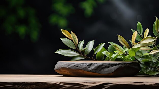 Podio para stand de producto o exhibición con fondo de planta y vista frontal de luz cinematográfica