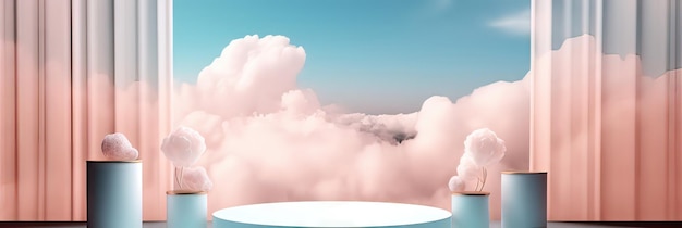 Podio surrealista al aire libre en el cielo azul nubes suaves pastel de oro rosa con composición espacial 3d GenerateAI