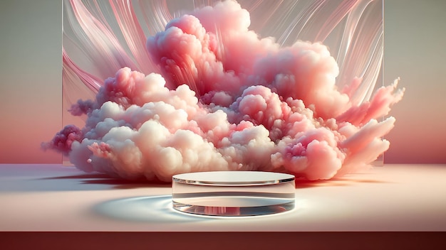 un podio transparente delicadamente decorado contra un telón de fondo que imita un cielo nublado rosado