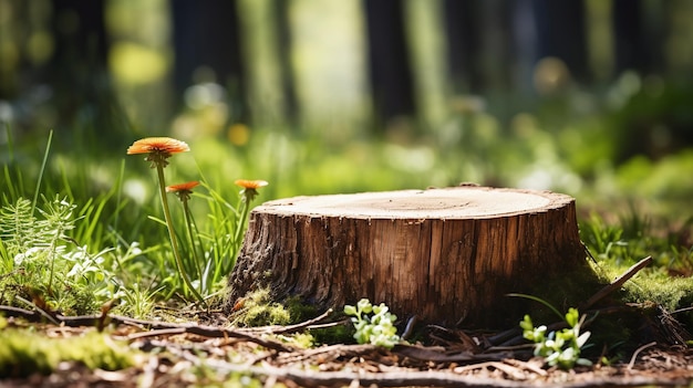 Podio de tronco de madera natural en un entorno forestal para la exhibición de productos y la presentación ecológica
