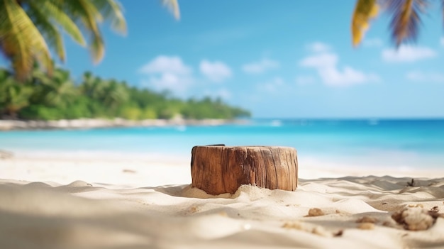 Podio de tronco de madera en la orilla arenosa para la exhibición de productos tropicales para la publicidad temática de verano