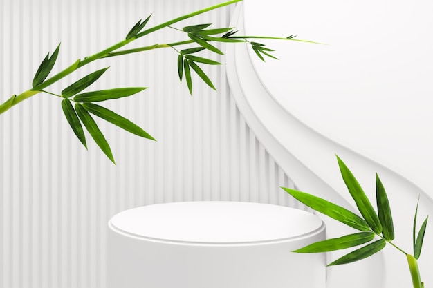 Podio tropical minimalista decoración japonesa geométrica y de bambú. Representación 3D