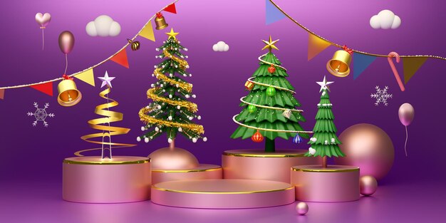Podio vacío con árbol de Navidad y adornos en composición púrpura o violeta para sitio web o póster o tarjetas de felicidad pancarta de Navidad y año nuevo festivo ilustración 3D realista o renderización 3D