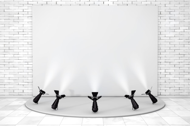 Foto podio vacío blanco con focos de escenario delante de la pared de ladrillo. representación 3d.
