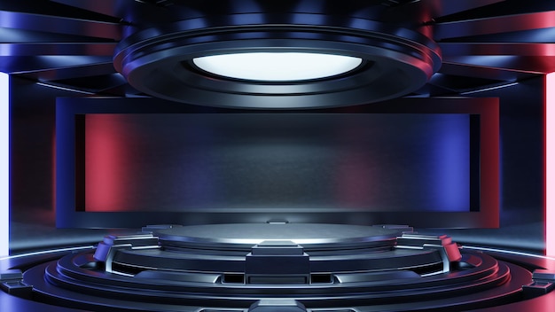 Foto podio vacío de ciencia ficción futurista en el interior futurista de la sala de estudio azul rojo, representación 3d