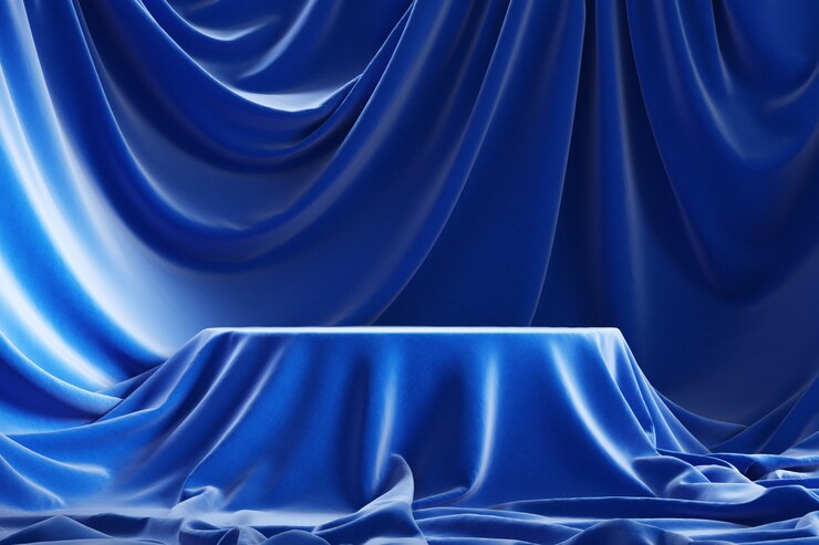 Podio vacío cubierto con tela azul, 3d