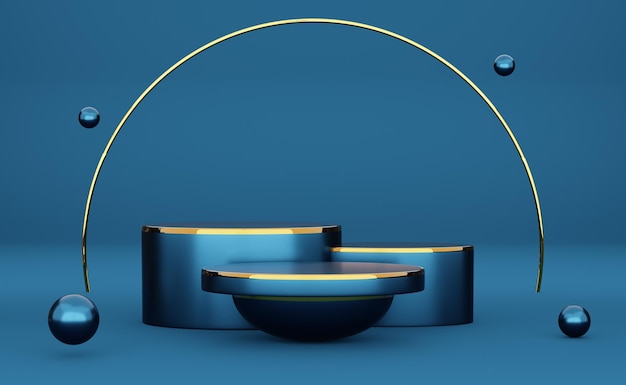 podio vacío con formas geométricas en composición azul para exhibición en el escenario moderno y maqueta minimalista fondo de vitrina abstracto Ilustración conceptual en 3D o renderización en 3D