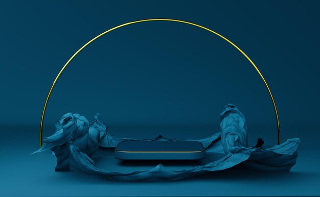 podio vacío con formas geométricas en composición azul para exhibición en el escenario moderno y maqueta minimalista fondo de vitrina abstracto Ilustración conceptual en 3D o renderización en 3D