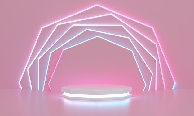 Podio vacío con lámparas de neón a su alrededor Escena rosa abstracta con lámparas de neón y espacio para exhibición de productos Representación de diseño de plataforma geométrica representación 3d