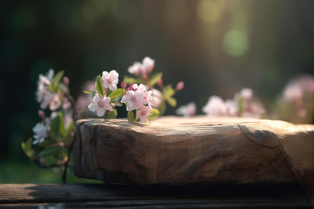 Podio vacío de madera áspera con rama floreciente en un día soleado de primavera al aire libre Primer enfoque suave IA generativa