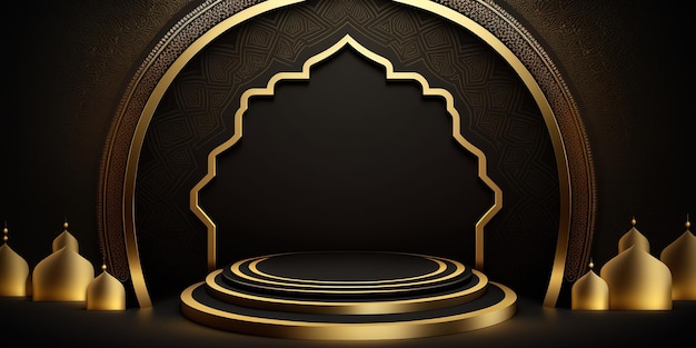 podio vacío negro y dorado fondo de ramadán ornamento islámico sobre fondo de alfombra dorada