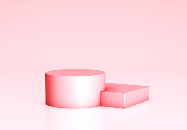Podio vacío, plantilla de estantería de productos. Cilindro, cubo y fondo rosados. Render 3D.