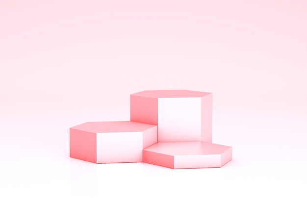 Podio vacío, plantilla de estantería de productos. Panal rosa, hexágonos y fondo. Render 3D.