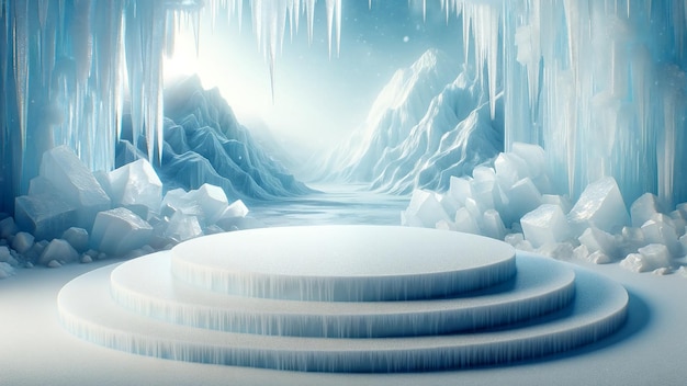 un podio vacío sobre un fondo de hielo la esencia de un paisaje frío de invierno