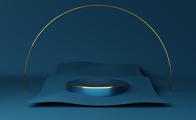 podio vacío y tela con formas geométricas en composición azul para exhibición en el escenario moderno y maqueta minimalista fondo de vitrina abstracto Ilustración conceptual en 3D o renderización en 3D