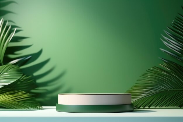 Pódio vazio com folhas de palmeira tropical para apresentação de produtos cosméticos