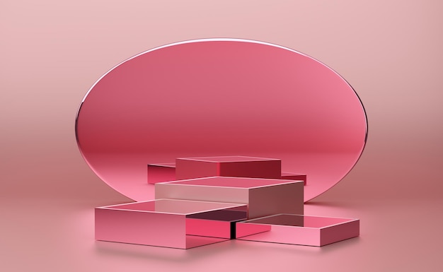 pódio vazio com formas geométricas em composição pastel rosa para exibição em palco moderno e maquete minimalista fundo de vitrine abstrato Ilustração 3D de conceito ou renderização 3D