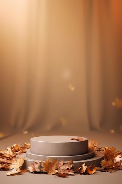 Foto pódio vazio com galho de folhas de outono para mostrar produtos cosméticos cor laranja e amarela bege