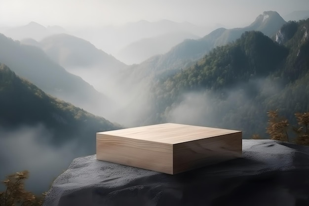 Pódio vazio com tema de montanha com fundo de vale enevoado para fotografia profissional Generative AI