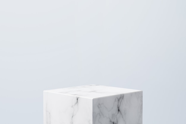 Pódio vazio de mármore branco sobre fundo de cor azul pastel