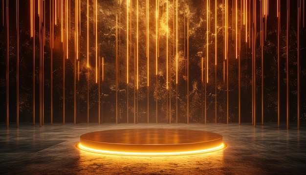 Pódio vazio dourado flutuando no ar em cena escura com parede de lâmpadas de néon douradas verticais ao redor