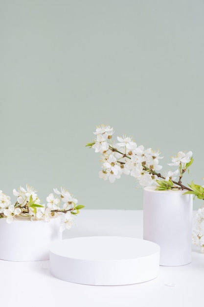 Pódio vazio ou pedestal com flores de primavera produtos cosméticos modelo de templpate