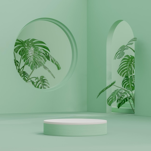 Podio verde azulado en un fondo tropical moderno para la colocación de productos 3d render