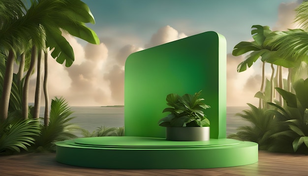 Pódio verde em fundo tropical moderno para colocação de produtos 3d render Ai Generated