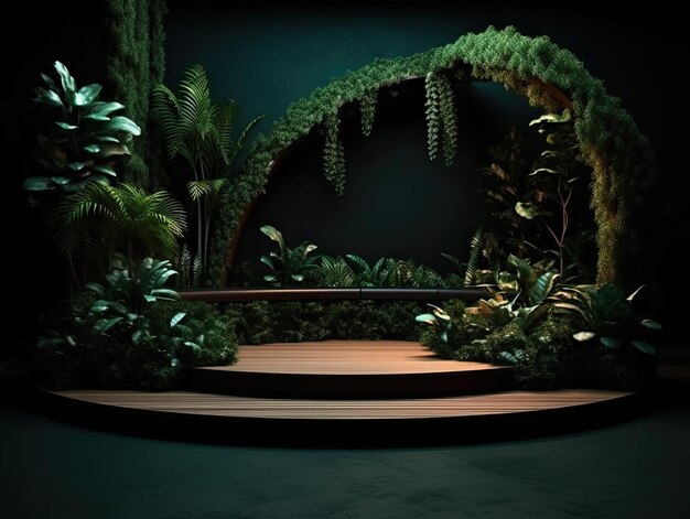 Foto pódio verde em fundo tropical moderno para colocação de produtos 3d render ai generative