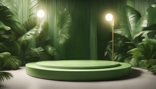 Pódio verde em fundo tropical moderno para renderização 3d de colocação de produtos