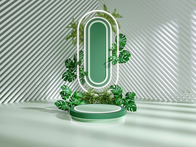 Podio verde con fondo natural y blanco para la representación del producto display3d