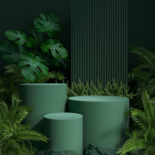 Podio verde con fondo natural para la representación 3d de la exhibición del producto