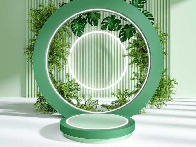 Podio verde con fondo natural para la representación 3d de la exhibición del producto