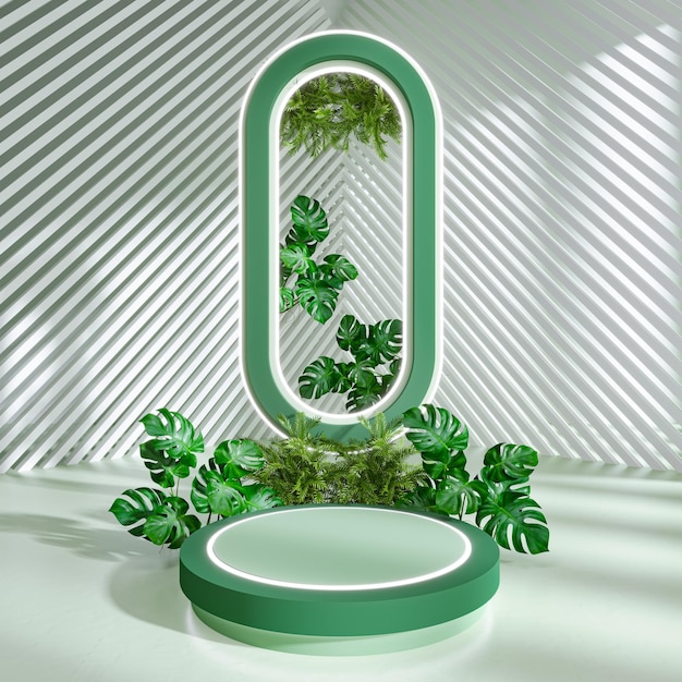 Podio verde con fondo natural para la representación 3d de la exhibición del producto