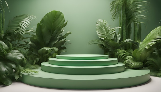 Podio verde en un fondo tropical moderno para la presentación de productos en 3d