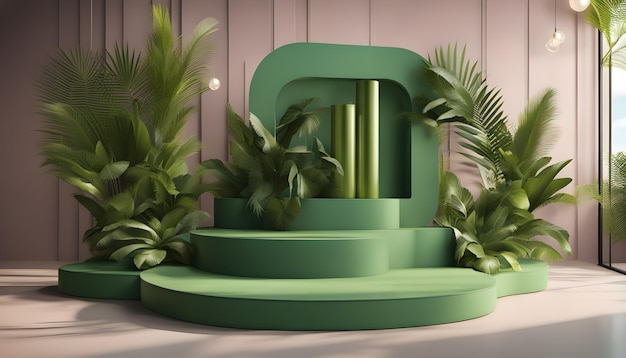 Podio verde en un fondo tropical moderno para la presentación de productos en 3d