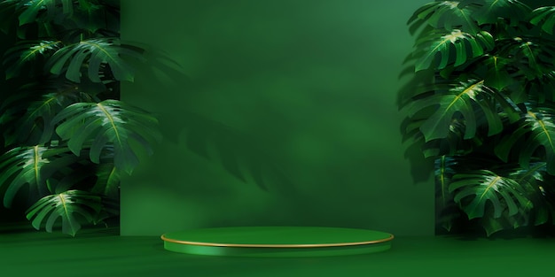 Podio verde con hoja de Monstera sobre fondo de estuco verde para la presentación del producto. Pedestal de belleza natural, concepto de maqueta de verano, ilustración 3d
