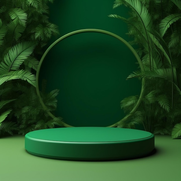 Foto podio verde con hojas de palma 3d renderizado fondo verde