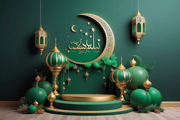 Foto el podio verde islámico para las ventas de ramadán el podio del globo de luna creciente eid fitr adha mawlid isra miraj muharram