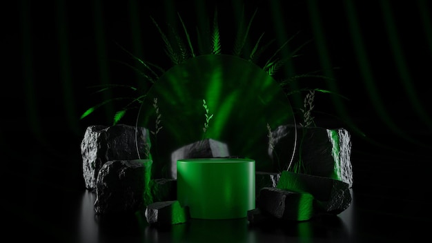 Podio verde entre piedras oscuras y plantas representación 3D de fondo oscuro