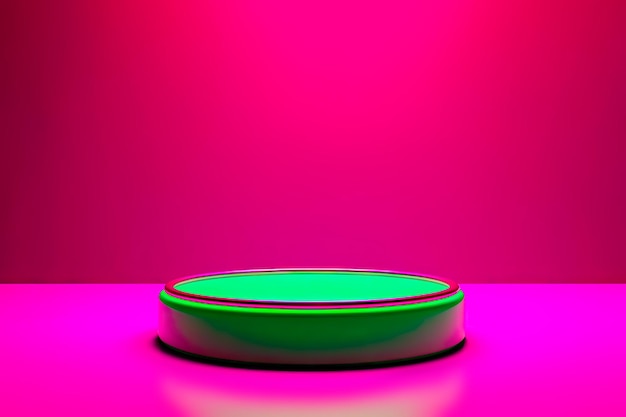 Pódio verde redondo vazio em fundo magenta com palco de cena leve