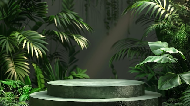 Podio verde renderizado en 3D en el interior de una planta tropical para el concepto de presentación de productos