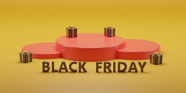 Foto pódio vermelho com texto de black friday e caixas de presente em fundo amarelo ilustração 3d