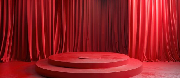 Pódio vermelho em frente a cortinas drapadas vermelhas fotografia de estúdio